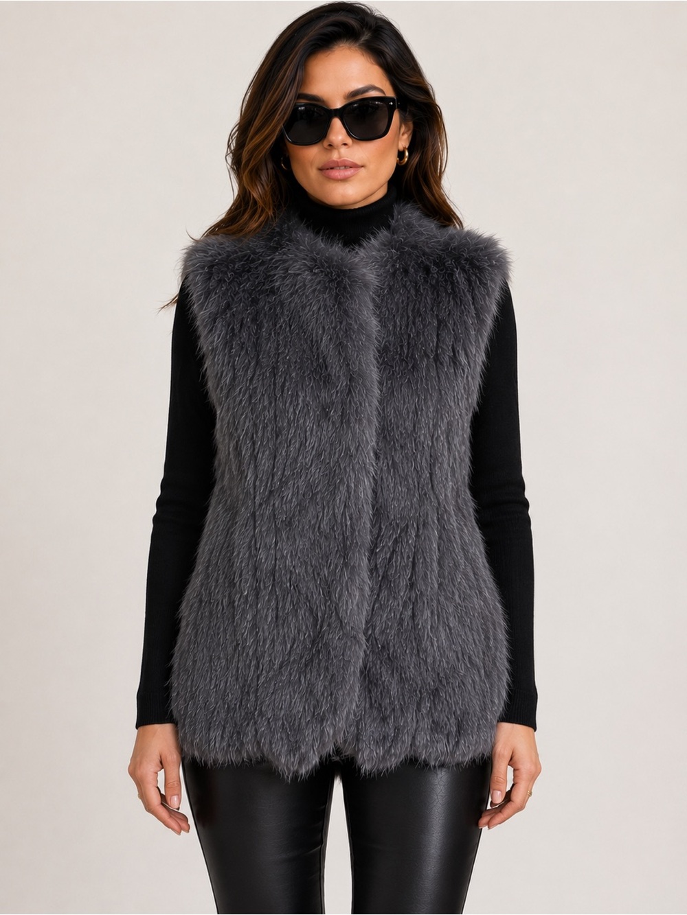 DOLCE CABO Grey Rabbit Fur Vest Medium Real Fur Hook Closure Luxe Glam